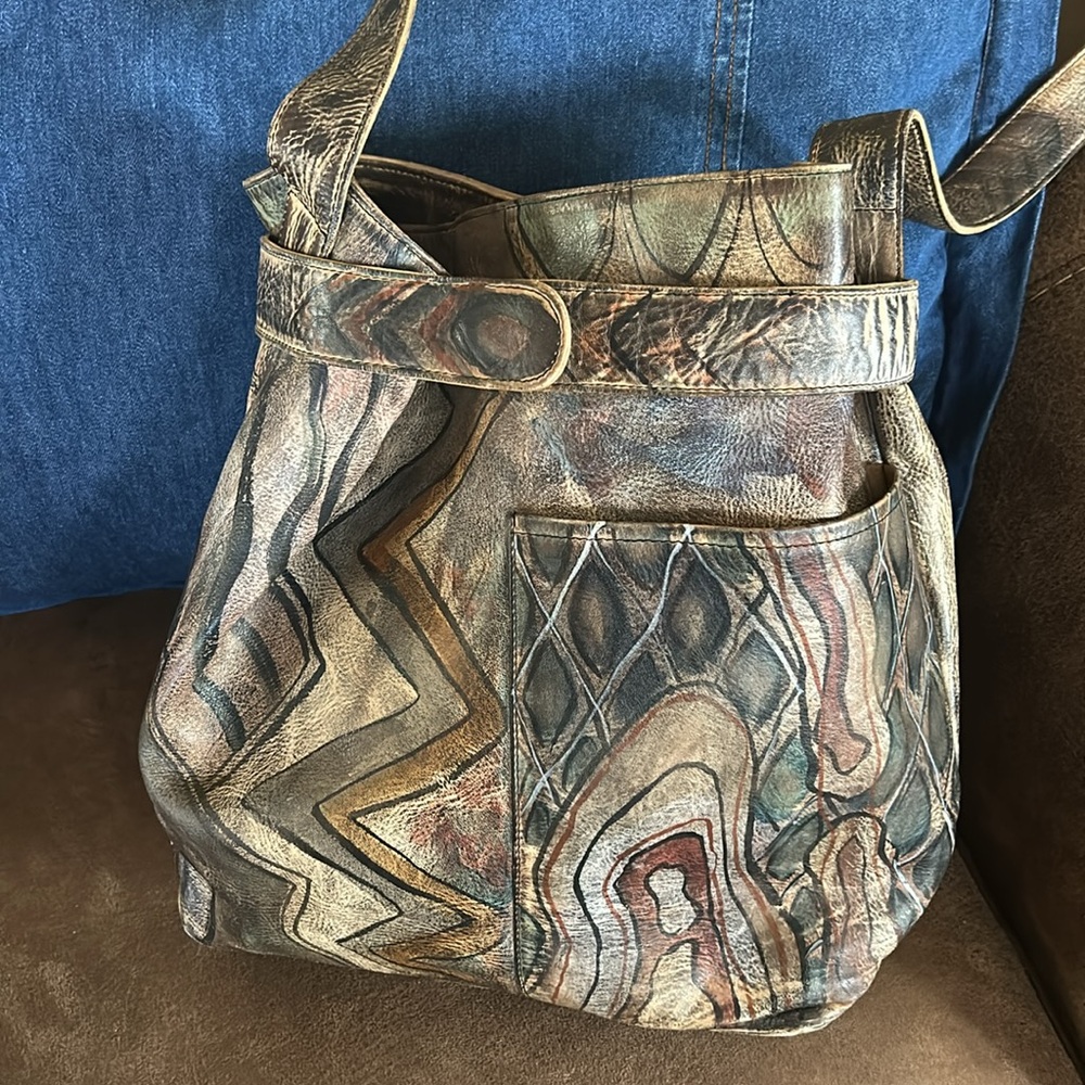 Jane Yoo Wearable Art Hand Painted Southwest  Leather Bucket Bag Hobo Bag